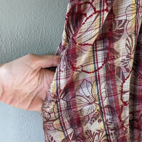 Per Me Anthro Plaid Floral Sequin Silk Blend Mini Dress Size L - Picture 6 of 10